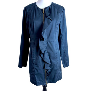 Luii Navy Blue Ruffled Full Zip Long Trench Jacket Sz M‎